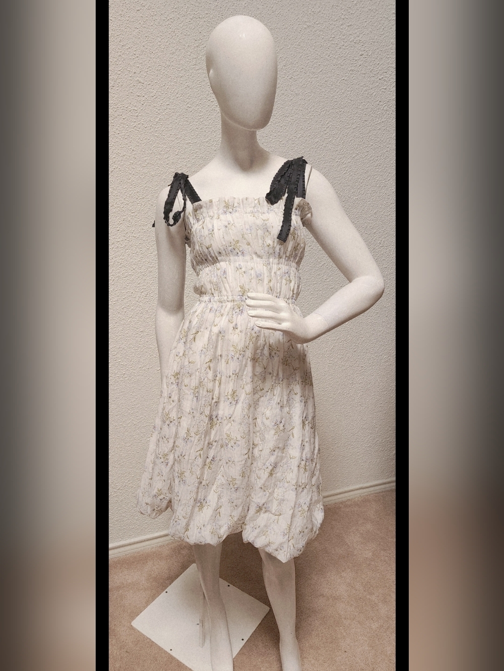 Brock Collector For H&M White Floral Smocked Midi Dress with Black Shoulder Ties - Picture 2 of 6